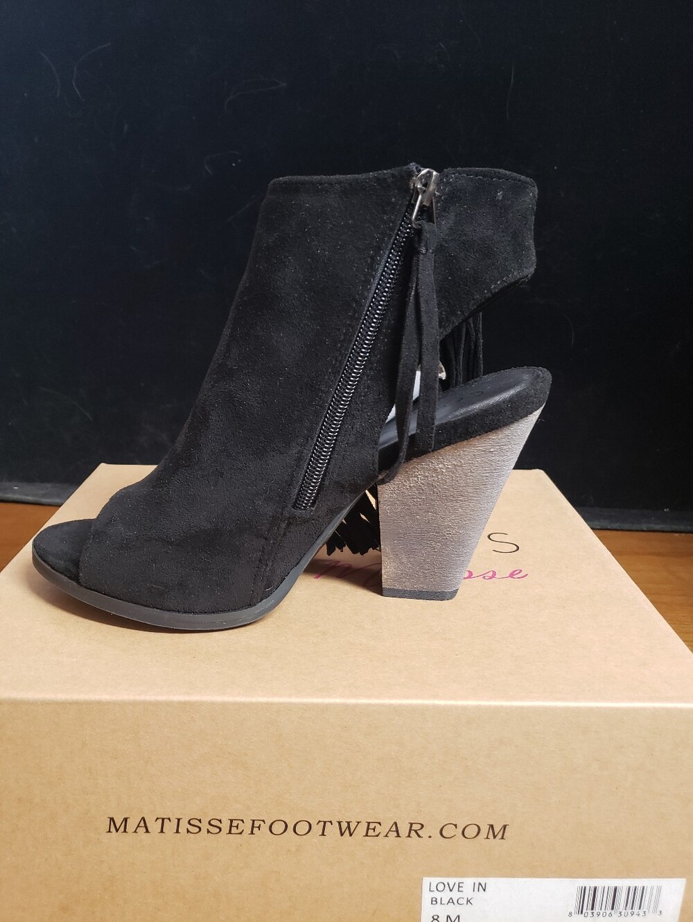Coconuts by Matisse Black Suede Peep-Toe Tassel Block Heel Booties